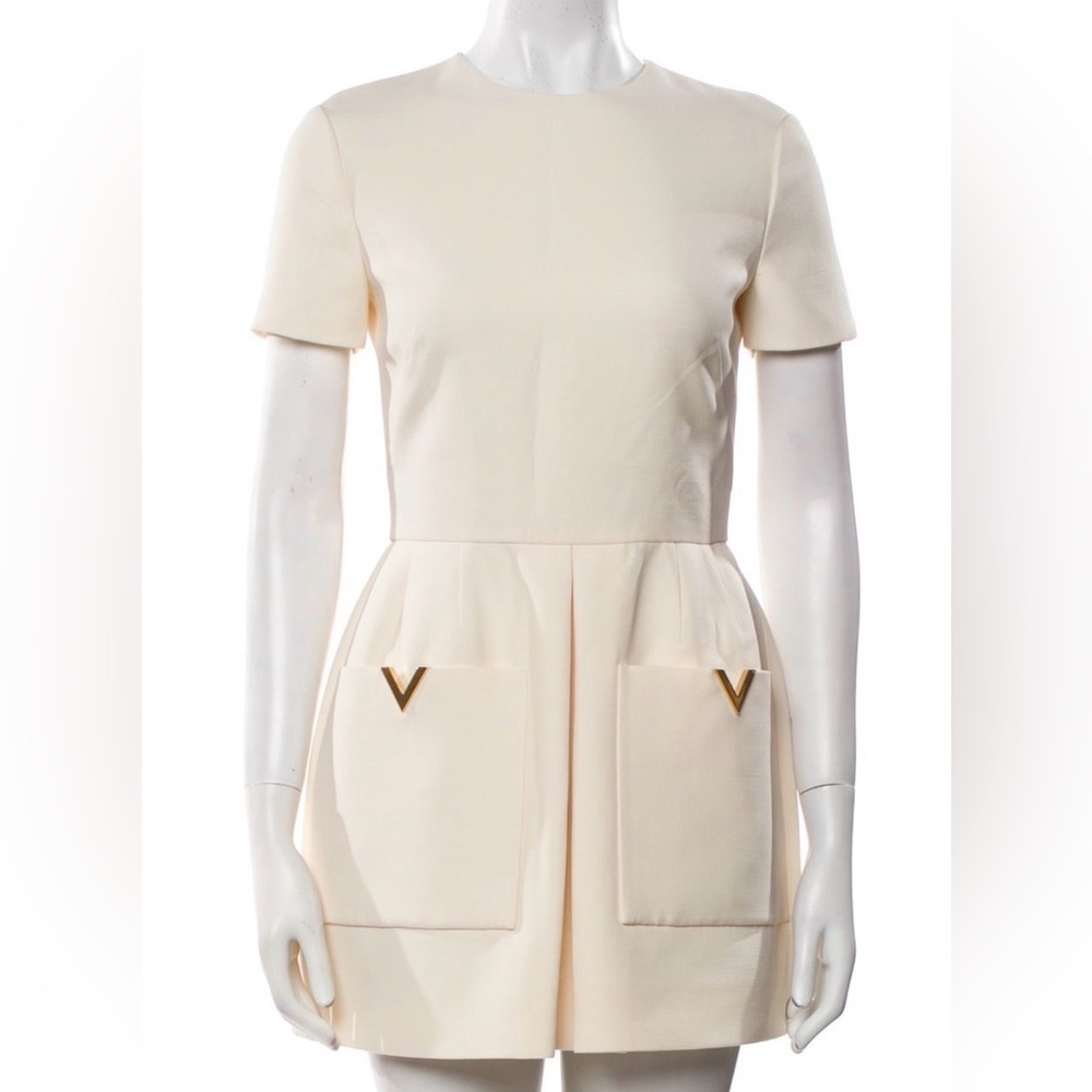 Valentino Garavani Cream Short Sleeve Mini Dress with Gold V Accents